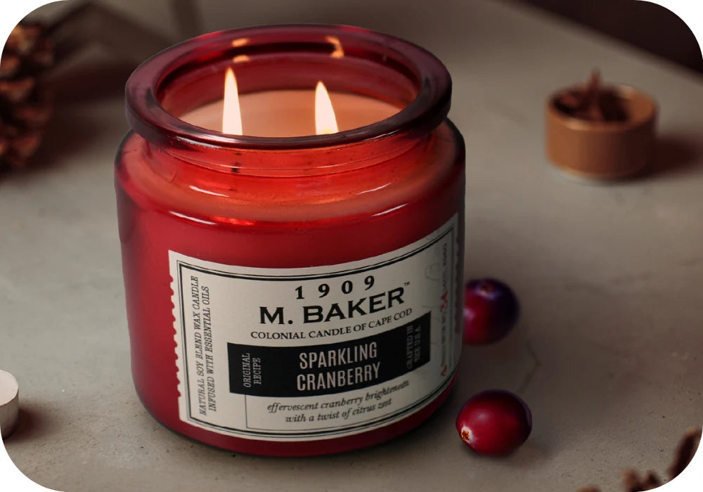 M. Baker sparkling cranberry candle in a rounded image